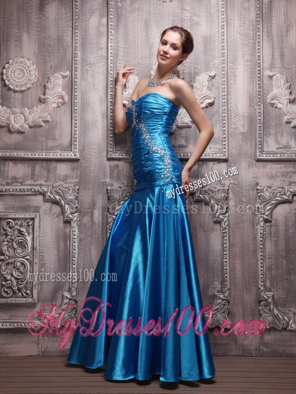 Blue Floor-length Taffeta Prom Evening Dress with Beading and Ruche
