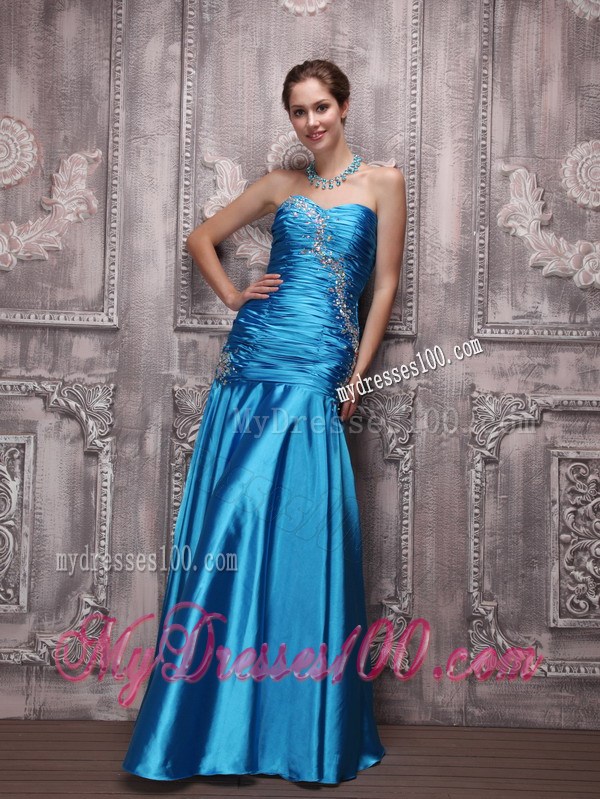Blue Floor-length Taffeta Prom Evening Dress with Beading and Ruche