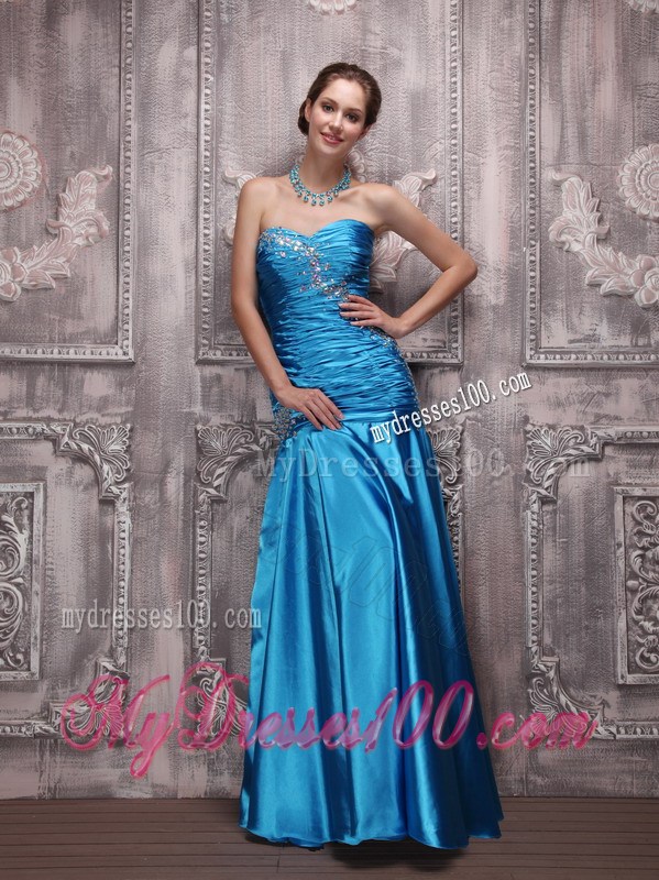 Blue Floor-length Taffeta Prom Evening Dress with Beading and Ruche