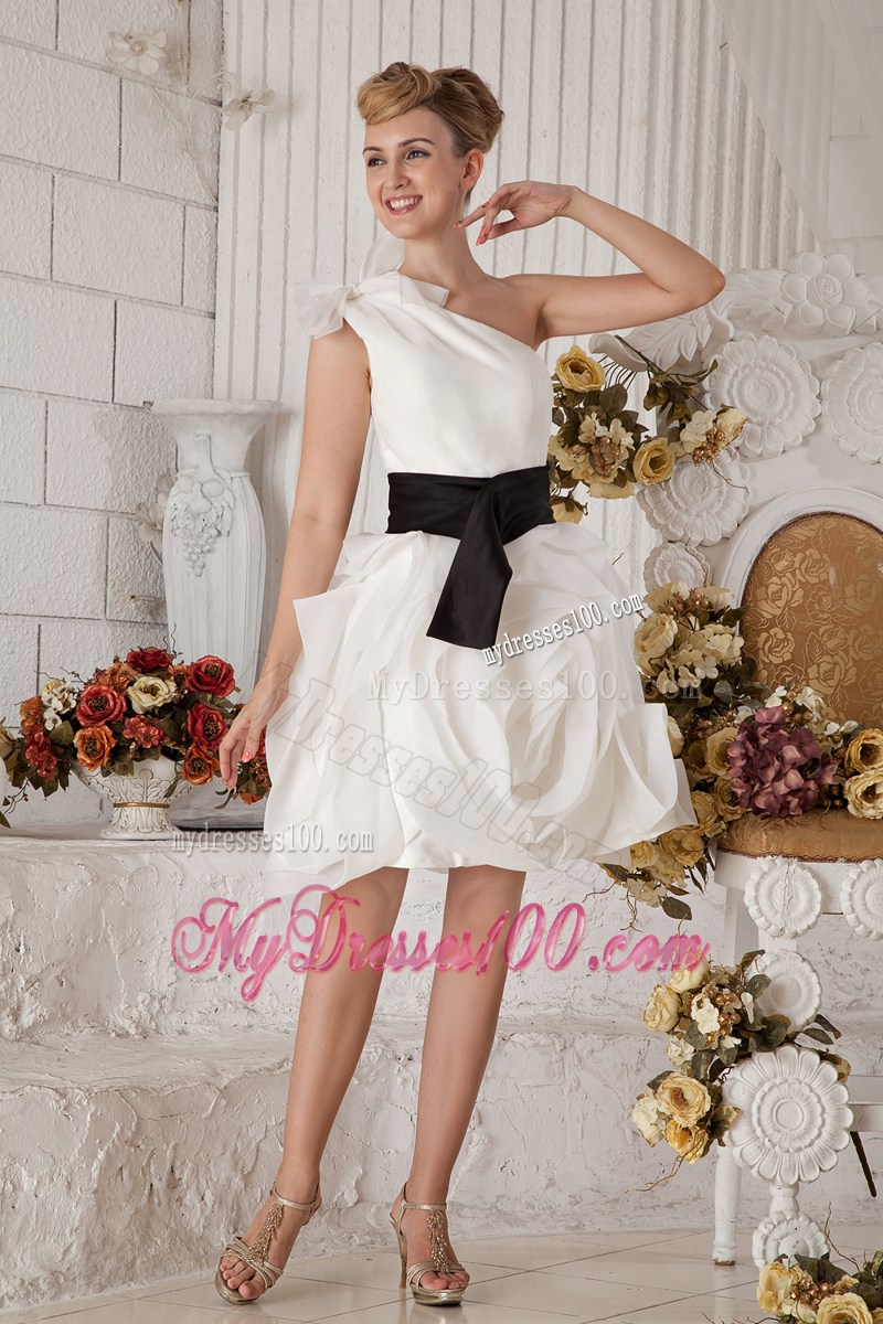 Mini-length White One Shoulder Ruffled Prom Dress with Black Belt
