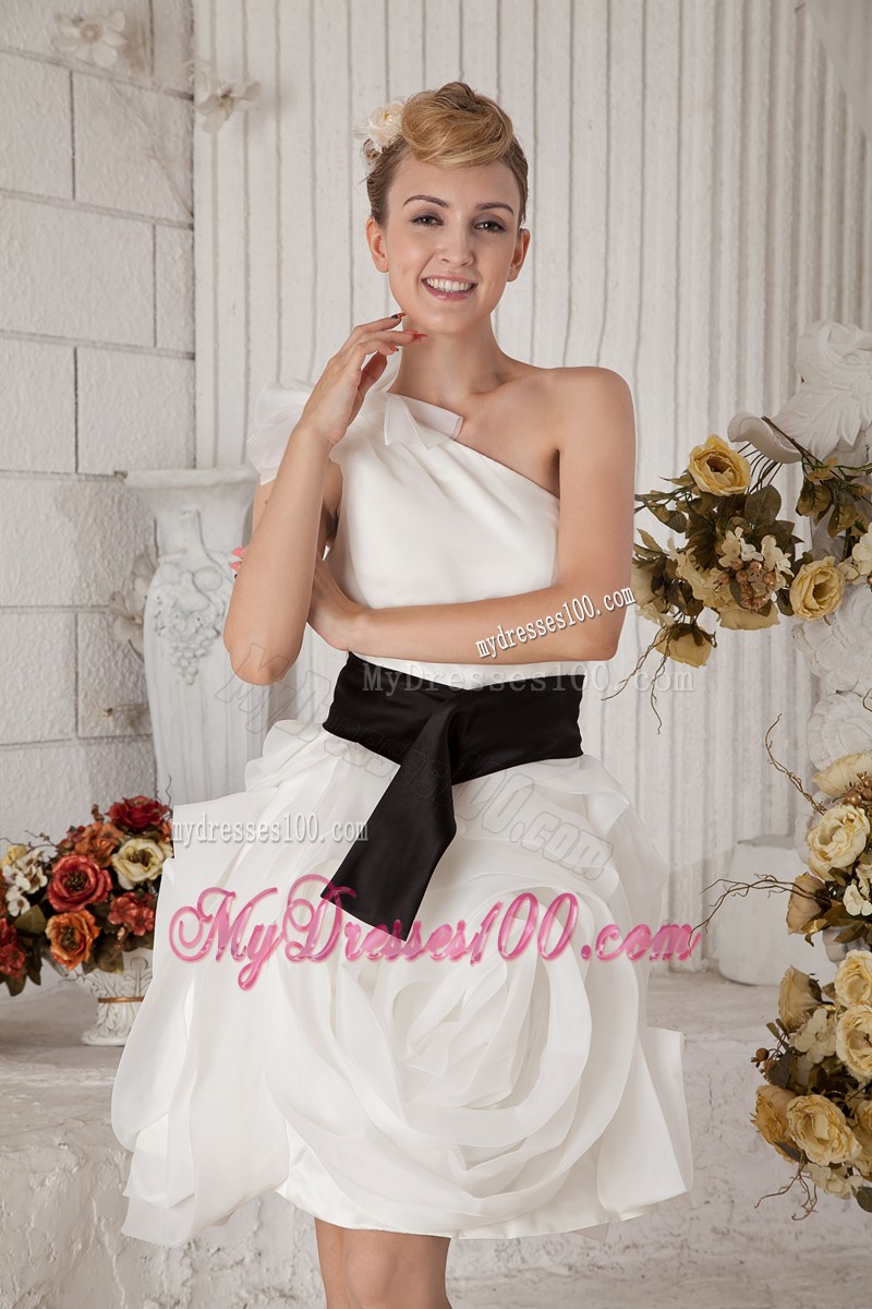 Mini-length White One Shoulder Ruffled Prom Dress with Black Belt