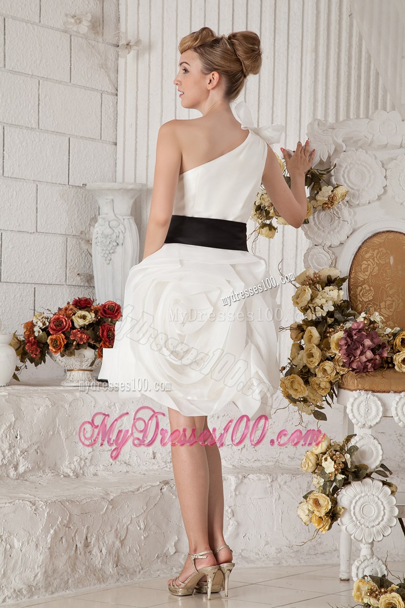 Mini-length White One Shoulder Ruffled Prom Dress with Black Belt
