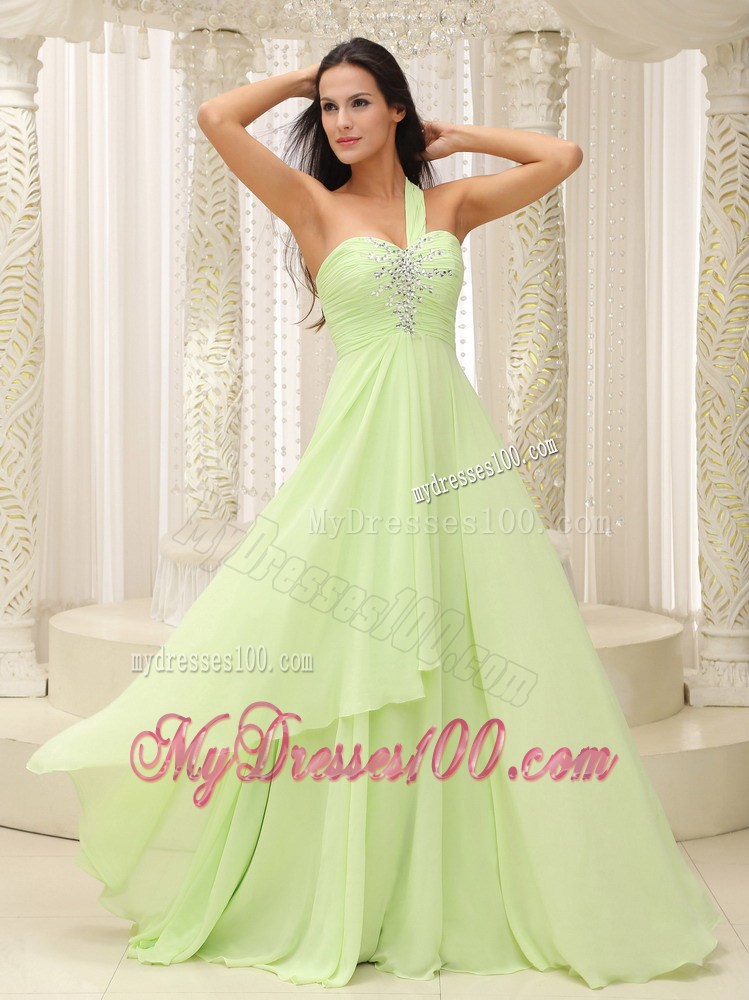 Yellow Green One Shoulder and Ruched Bodice Beaded Decorate Bust For 2013 Prom Dress