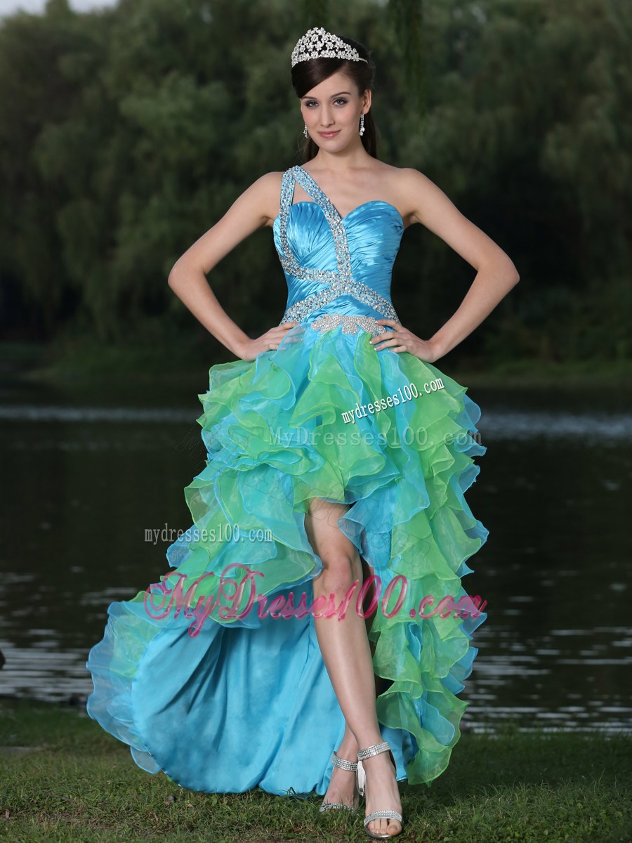 One Shoulder High-low Multi-color prom Evening Dress with Ruffled Layers