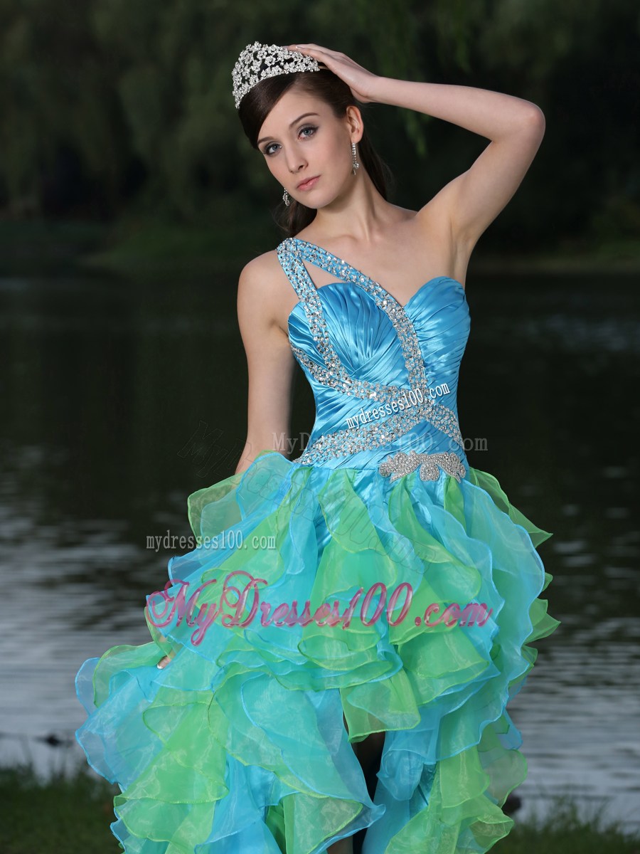 One Shoulder High-low Multi-color prom Evening Dress with Ruffled Layers