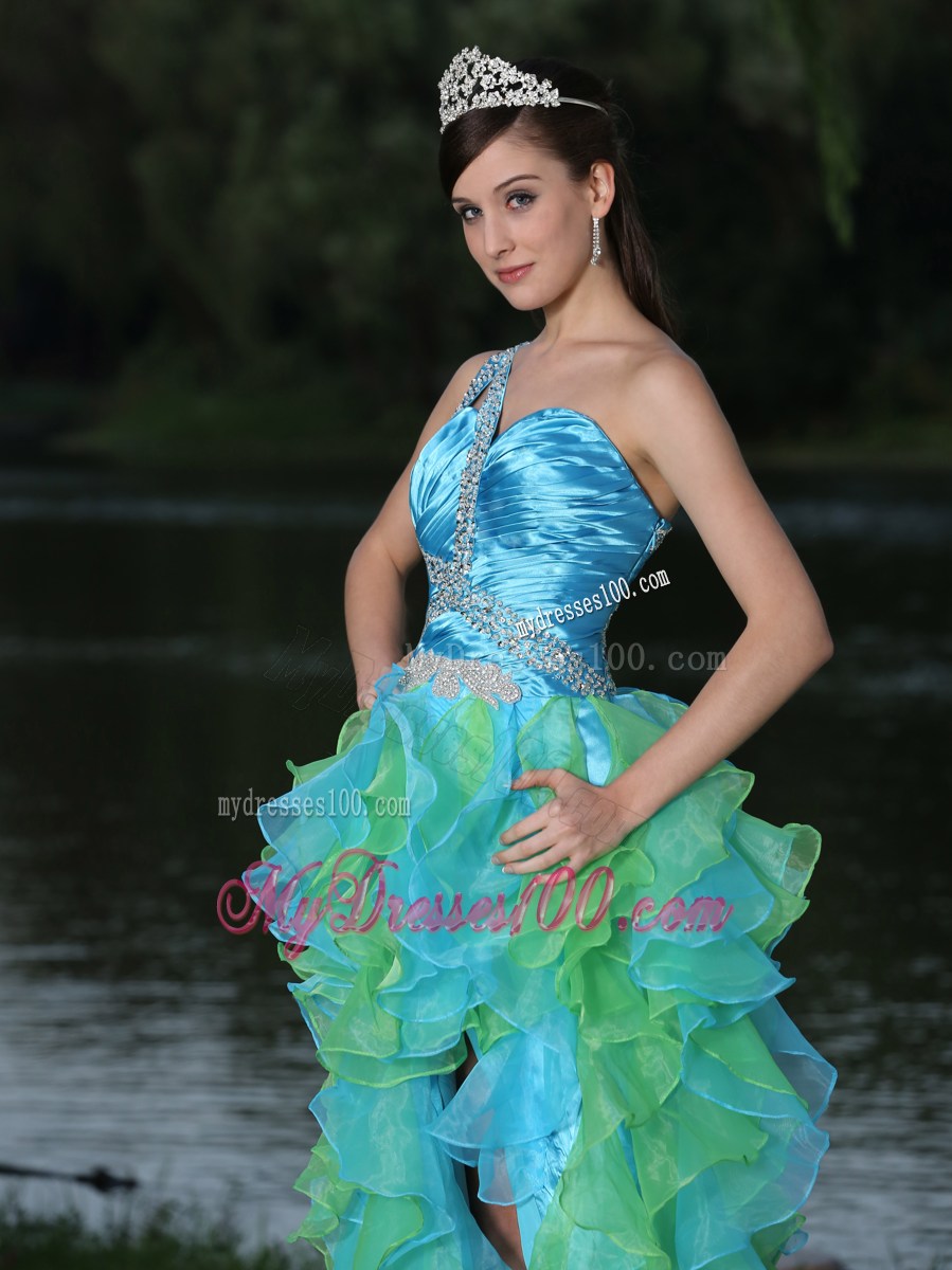 One Shoulder High-low Multi-color prom Evening Dress with Ruffled Layers