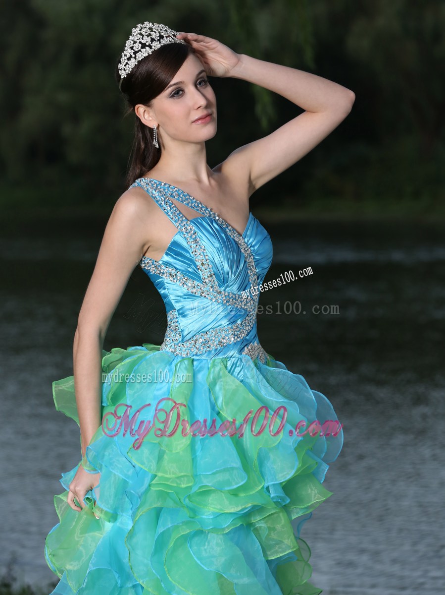 One Shoulder High-low Multi-color prom Evening Dress with Ruffled Layers
