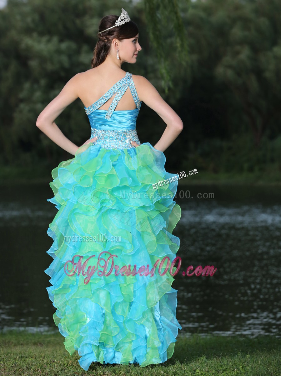 One Shoulder High-low Multi-color prom Evening Dress with Ruffled Layers