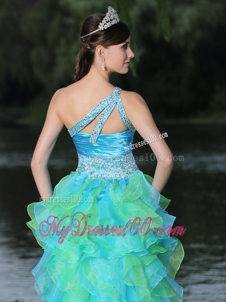 One Shoulder High-low Multi-color prom Evening Dress with Ruffled Layers