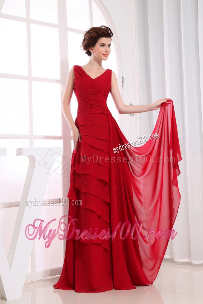 V-neck Layered Zipper-up Column Prom Dresses Floor-length in Wine Red