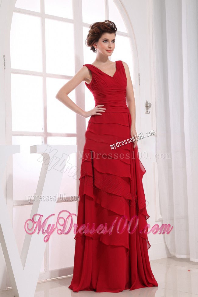 V-neck Layered Zipper-up Column Prom Dresses Floor-length in Wine Red