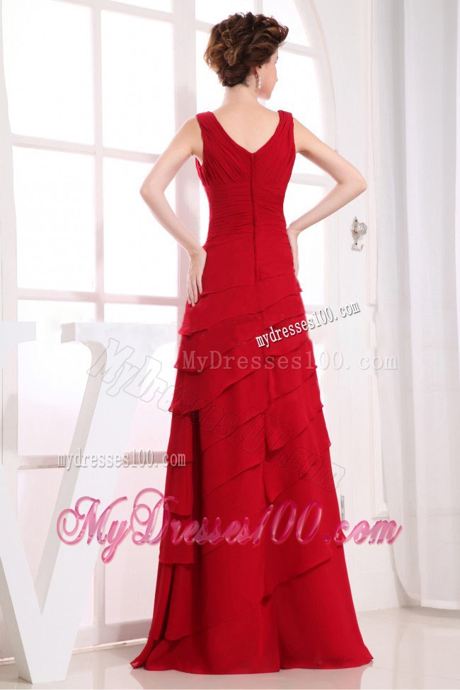 V-neck Layered Zipper-up Column Prom Dresses Floor-length in Wine Red