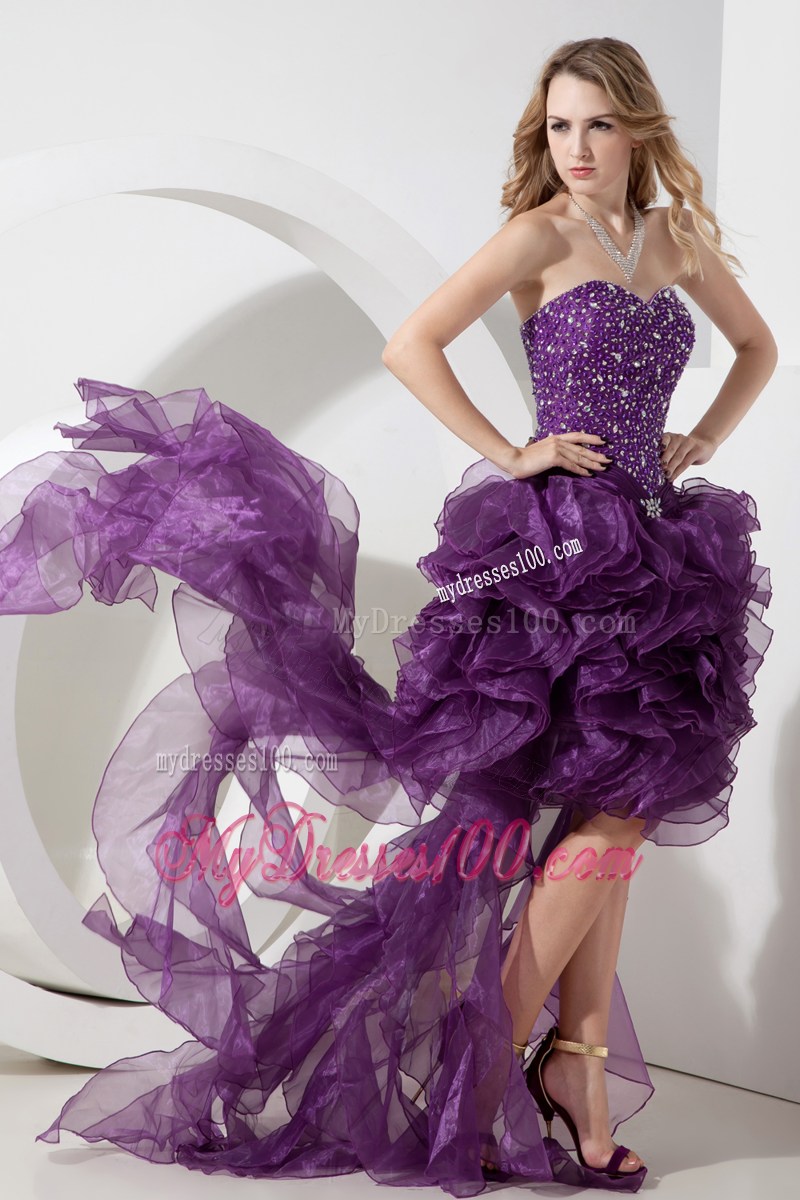 Sweetheart Purple High-low Organza Beading Decorate Prom Dress with Ruffles