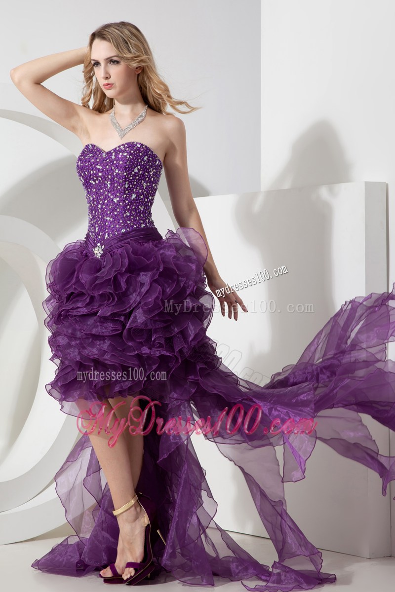 Sweetheart Purple High-low Organza Beading Decorate Prom Dress with Ruffles