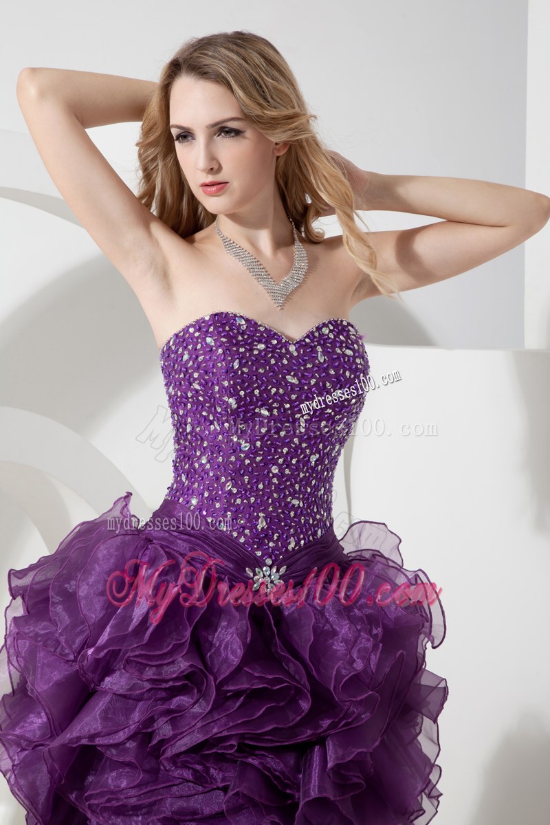Sweetheart Purple High-low Organza Beading Decorate Prom Dress with Ruffles