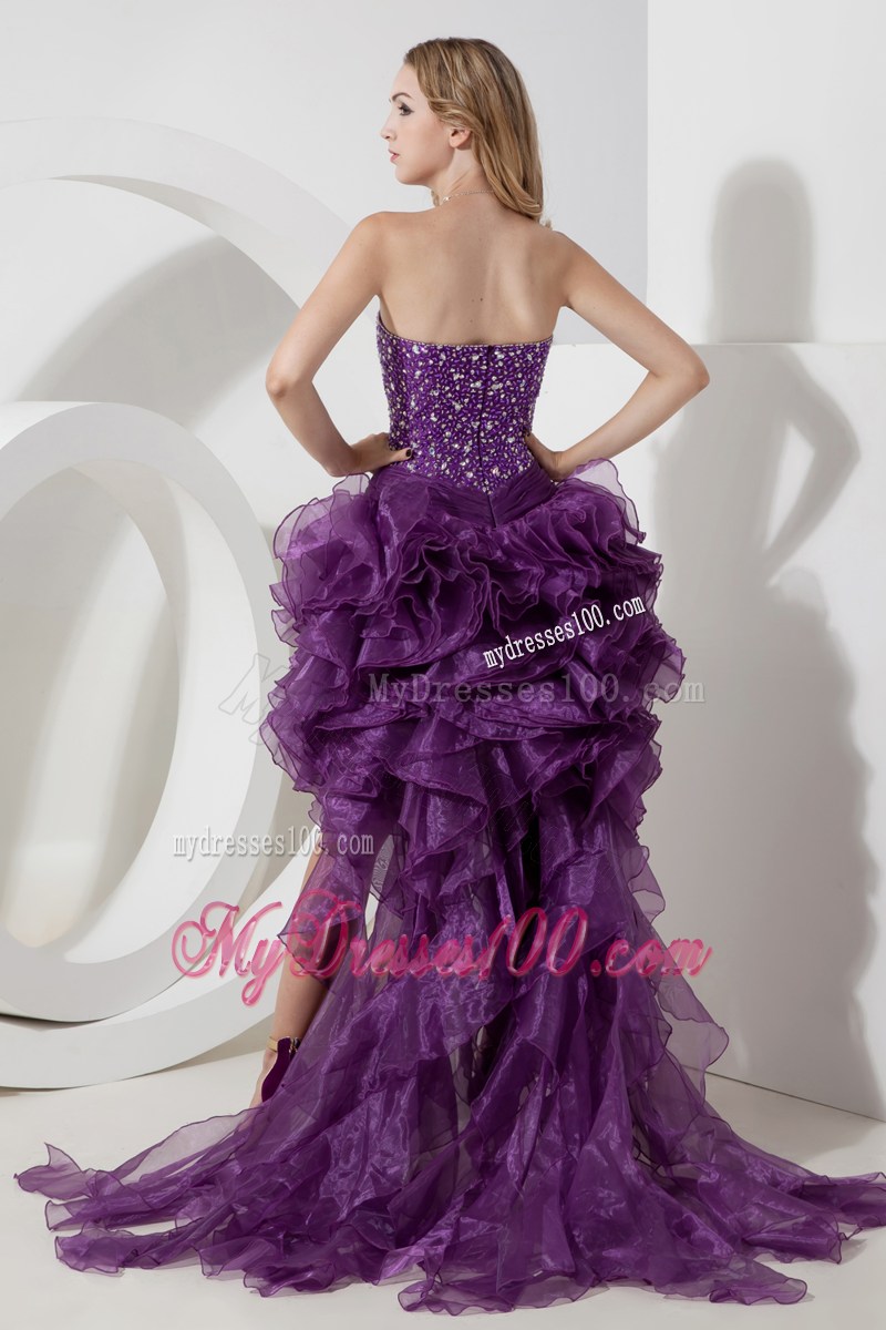 Sweetheart Purple High-low Organza Beading Decorate Prom Dress with Ruffles