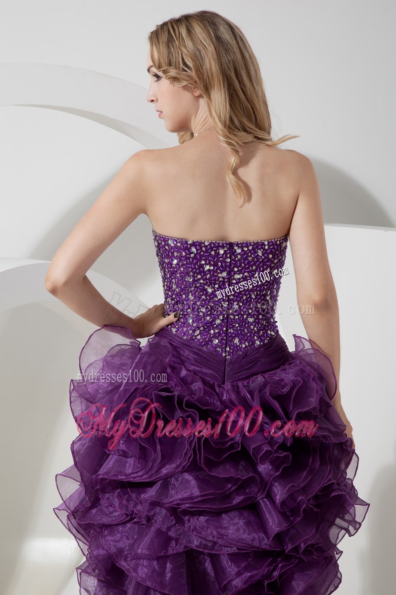Sweetheart Purple High-low Organza Beading Decorate Prom Dress with Ruffles