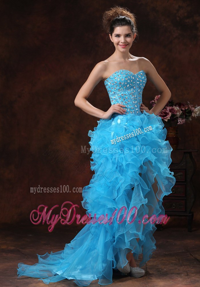 Aqua Blue High-low Gowns For Prom with Beading and Ruffled Organza Layers