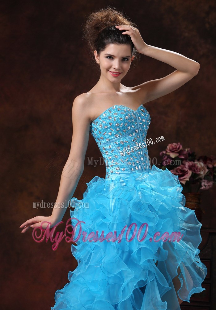 Aqua Blue High-low Gowns For Prom with Beading and Ruffled Organza Layers