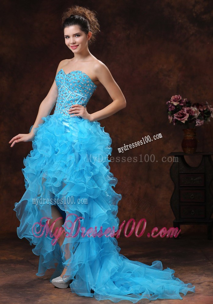 Aqua Blue High-low Gowns For Prom with Beading and Ruffled Organza Layers