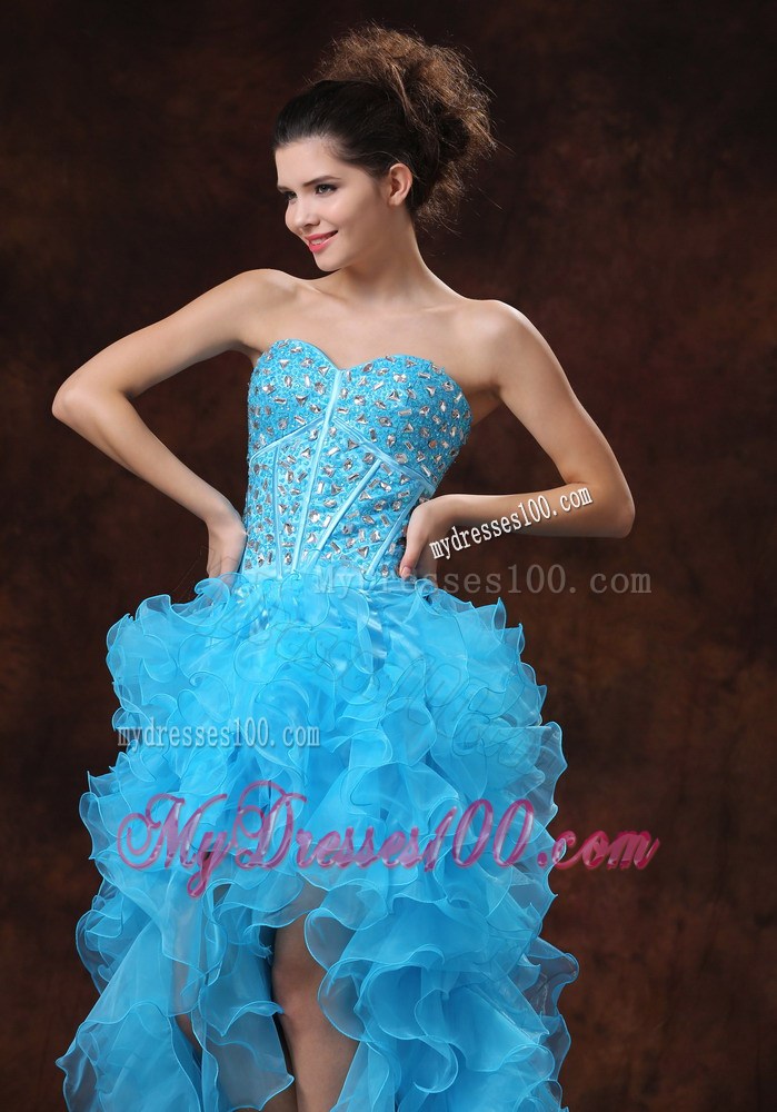 Aqua Blue High-low Gowns For Prom with Beading and Ruffled Organza Layers