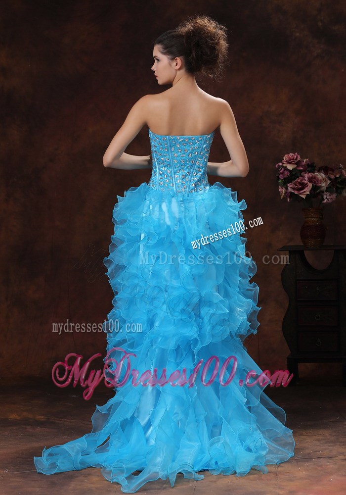 Aqua Blue High-low Gowns For Prom with Beading and Ruffled Organza Layers
