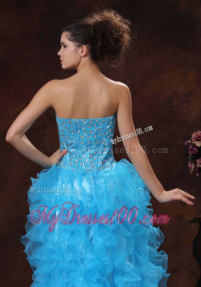 Aqua Blue High-low Gowns For Prom with Beading and Ruffled Organza Layers