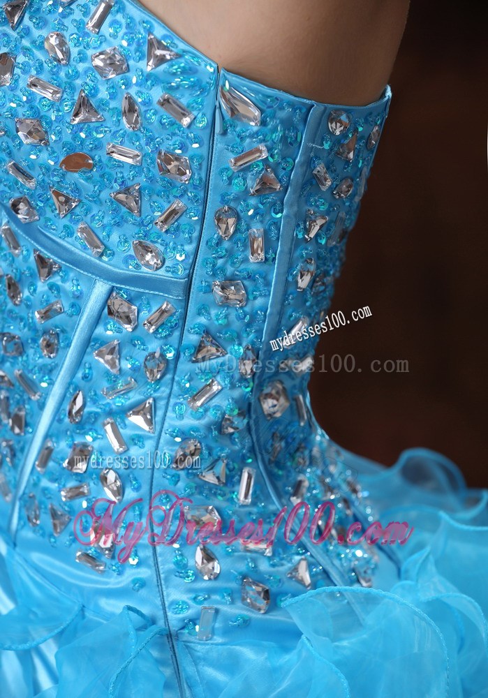 Aqua Blue High-low Gowns For Prom with Beading and Ruffled Organza Layers