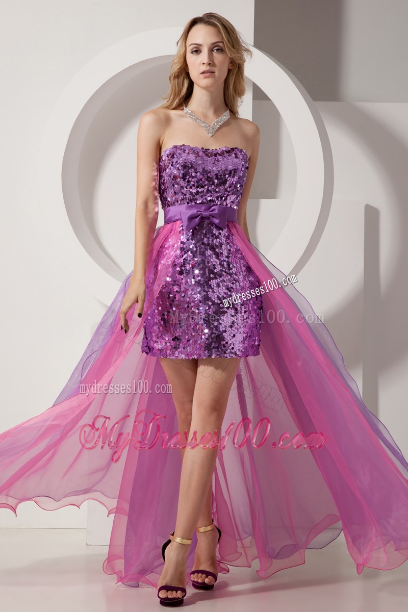 Purple and Pink Column High-low Prom Dress with Sequins and Bowknot Belt