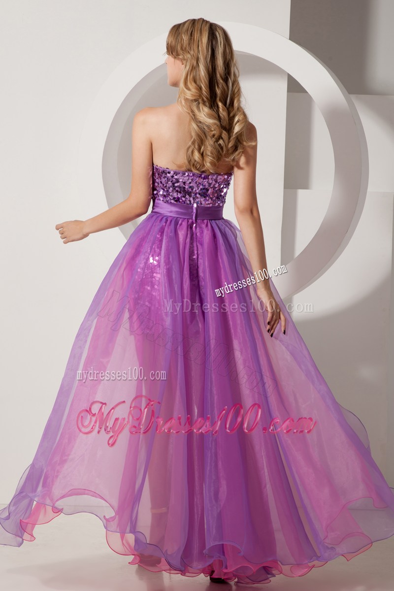 Purple and Pink Column High-low Prom Dress with Sequins and Bowknot Belt