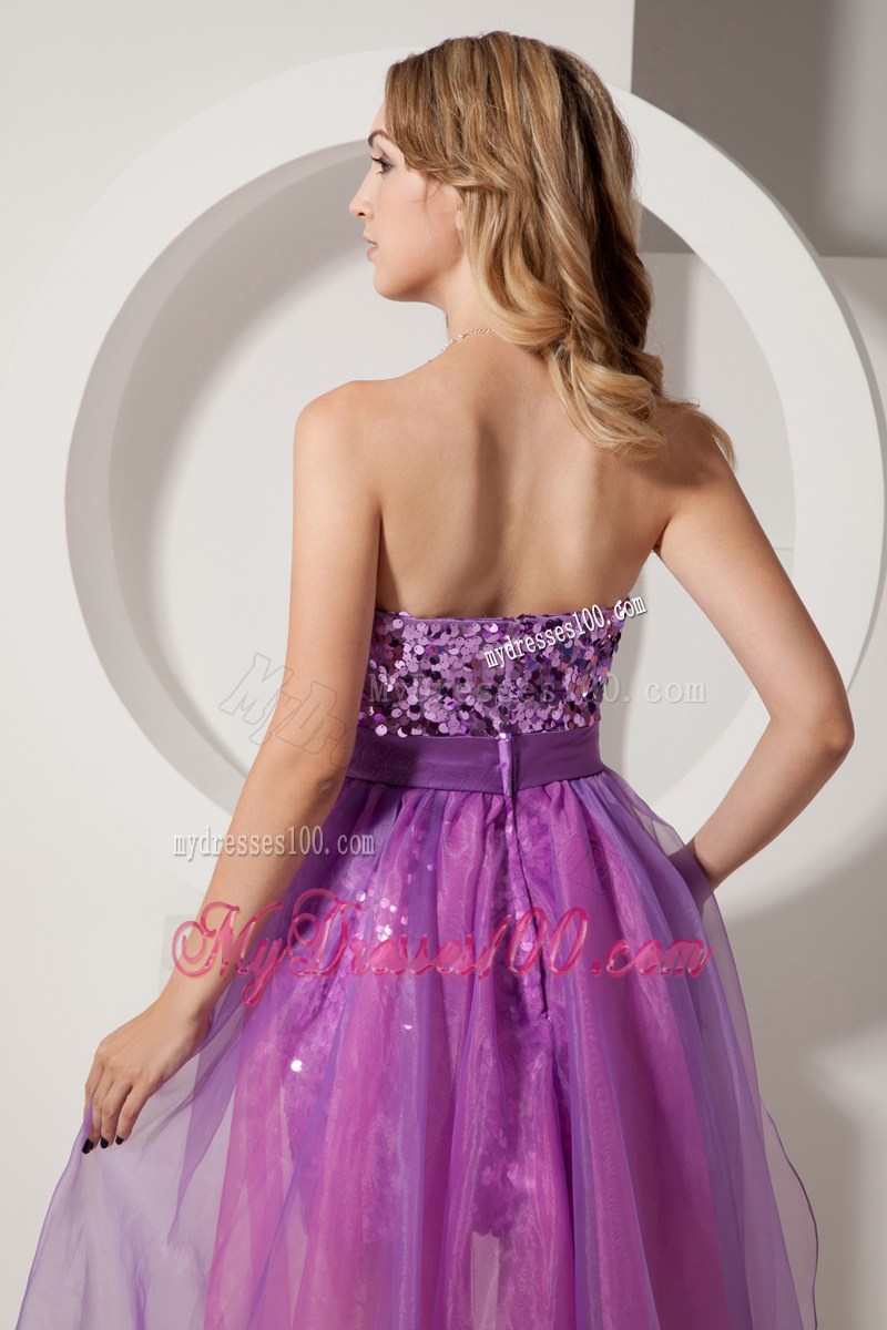 Purple and Pink Column High-low Prom Dress with Sequins and Bowknot Belt