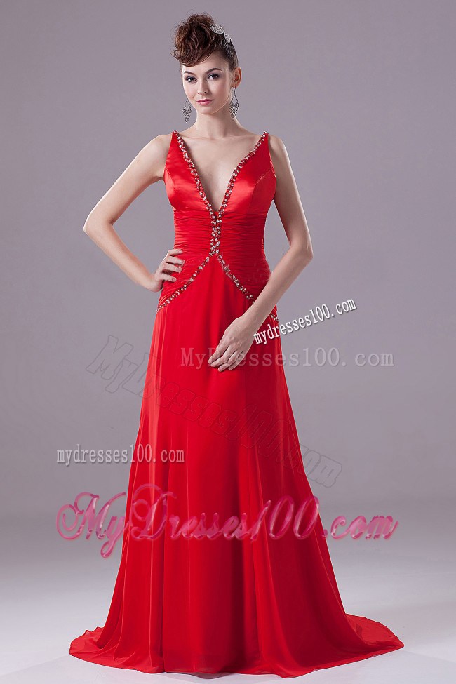 Sexy Straps Red V-neck Brush Train Prom Dress with Beading