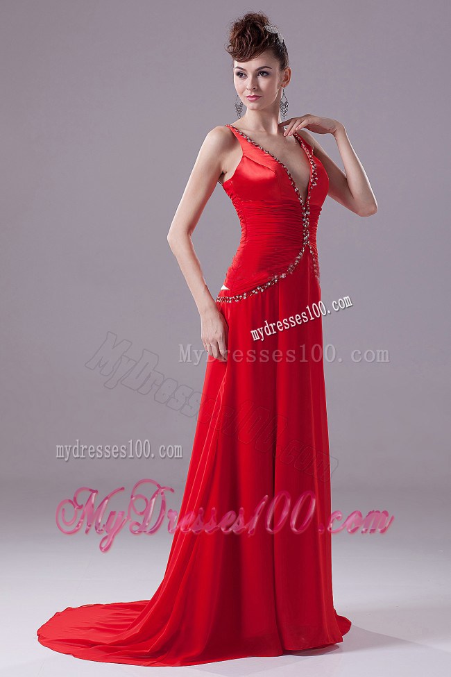 Sexy Straps Red V-neck Brush Train Prom Dress with Beading