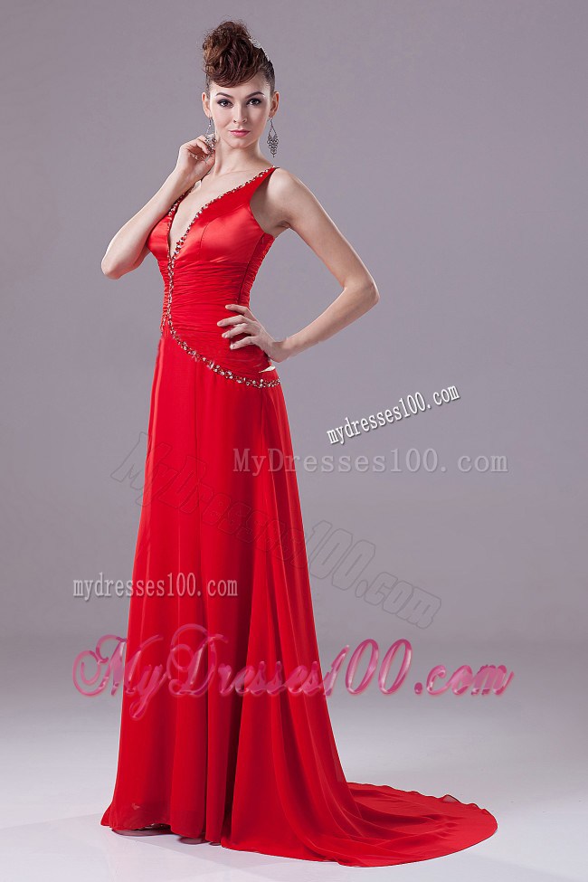 Sexy Straps Red V-neck Brush Train Prom Dress with Beading