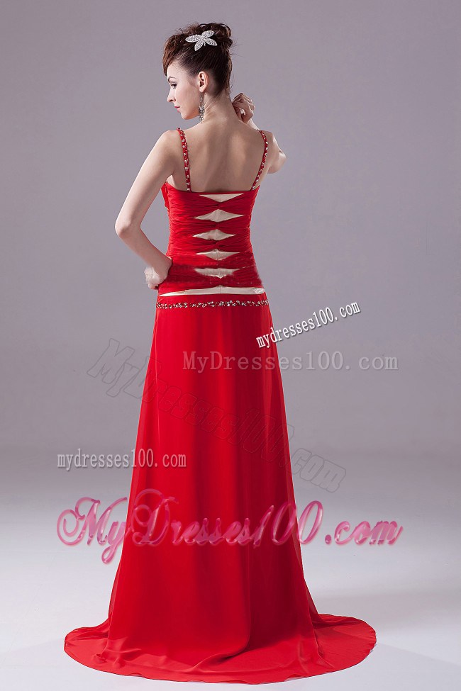 Sexy Straps Red V-neck Brush Train Prom Dress with Beading