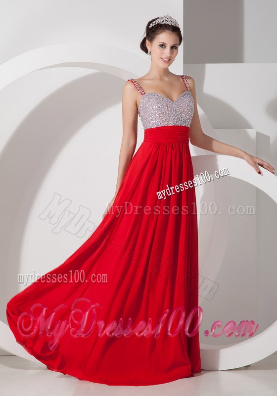 Straps Floor-length Beaded Sweetheart Red Prom Dresses with Zipper-up