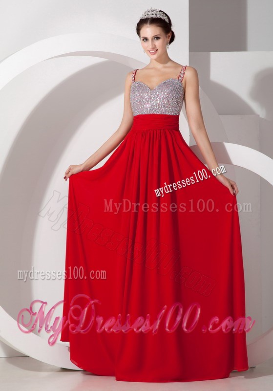 Straps Floor-length Beaded Sweetheart Red Prom Dresses with Zipper-up