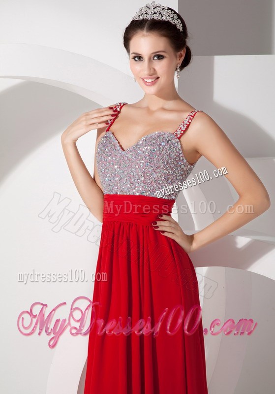 Straps Floor-length Beaded Sweetheart Red Prom Dresses with Zipper-up