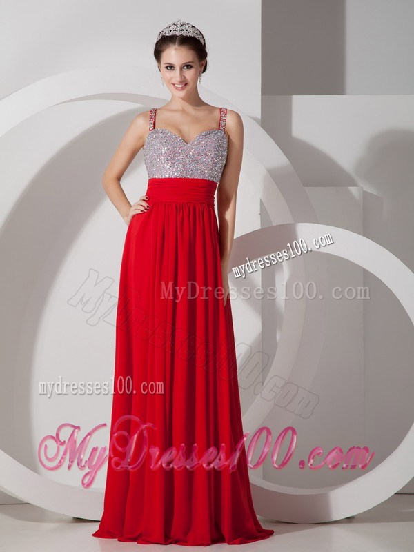 Straps Floor-length Beaded Sweetheart Red Prom Dresses with Zipper-up