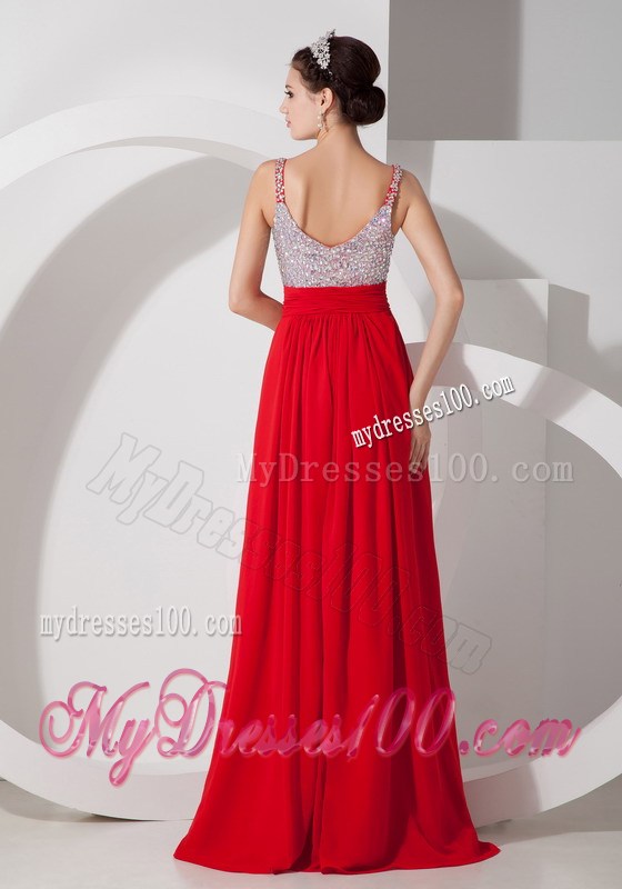 Straps Floor-length Beaded Sweetheart Red Prom Dresses with Zipper-up