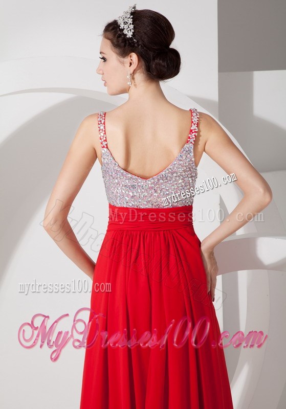 Straps Floor-length Beaded Sweetheart Red Prom Dresses with Zipper-up
