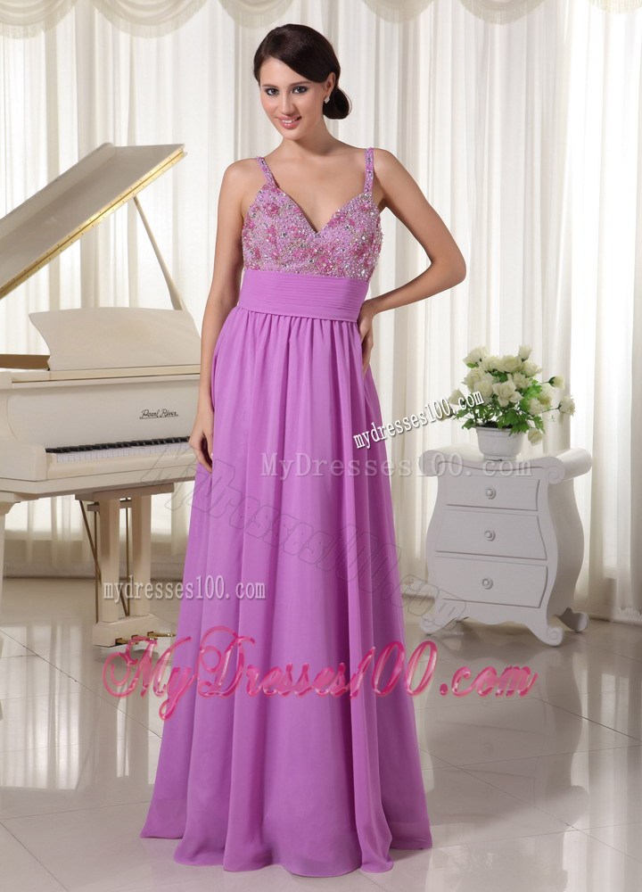 Spaghetti Straps Lavender Chiffon Prom Evening Dress with Rhinestones