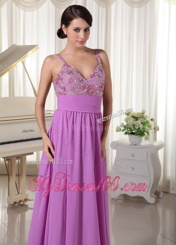 Spaghetti Straps Lavender Chiffon Prom Evening Dress with Rhinestones