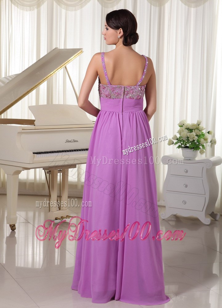 Spaghetti Straps Lavender Chiffon Prom Evening Dress with Rhinestones