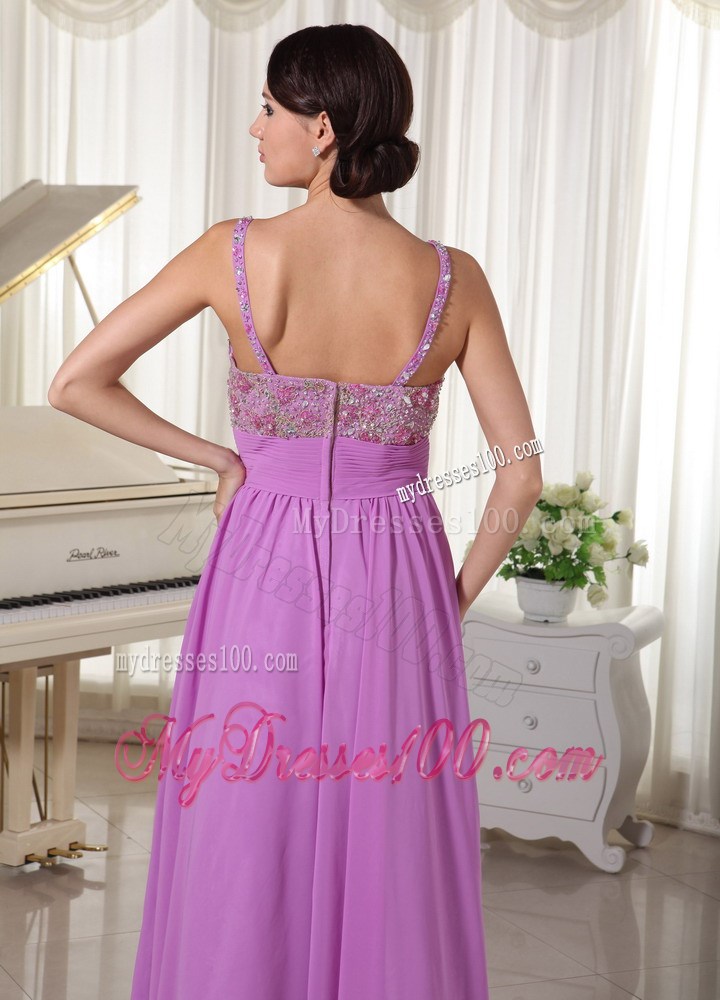 Spaghetti Straps Lavender Chiffon Prom Evening Dress with Rhinestones