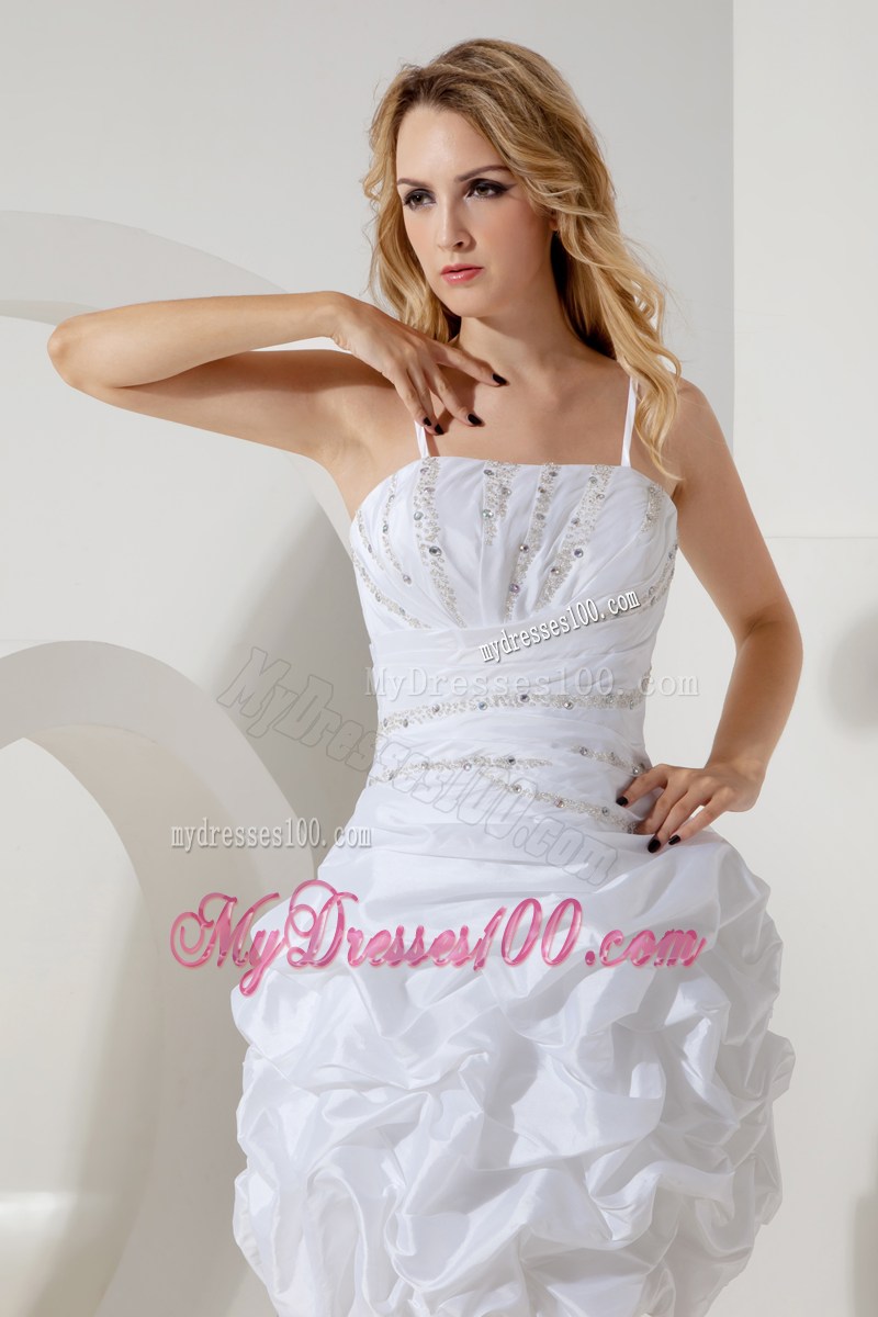 Mini-length White Straps Beaded Prom Evening Dress with Pick-ups