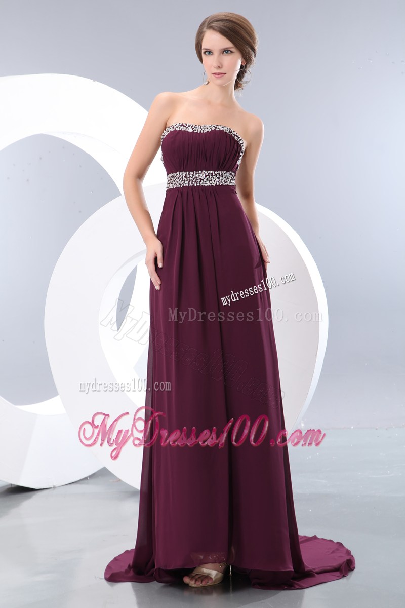 Elegant Dark Purple Strapless Brush Train Prom Evening Dress with Sequins