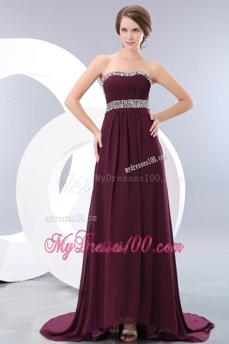 Elegant Dark Purple Strapless Brush Train Prom Evening Dress with Sequins