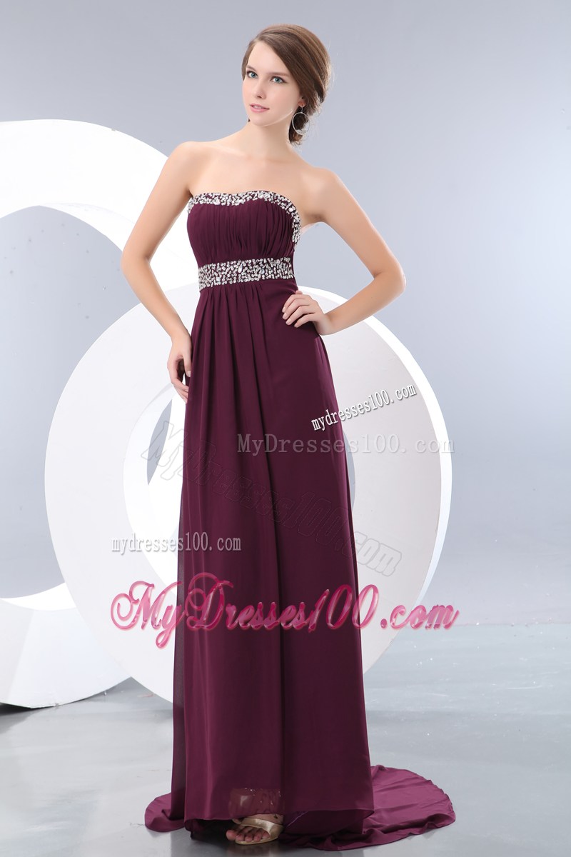 Elegant Dark Purple Strapless Brush Train Prom Evening Dress with Sequins