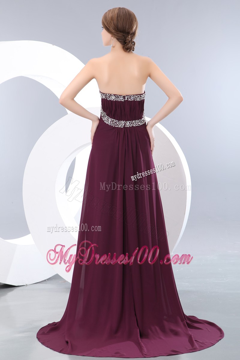 Elegant Dark Purple Strapless Brush Train Prom Evening Dress with Sequins